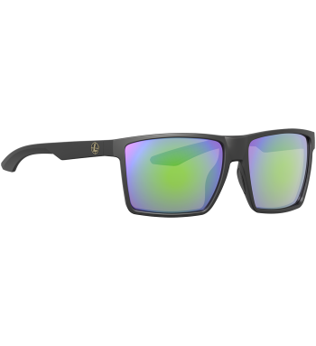 Profile of DeSoto polarized prescription ready sunglasses for fishing, hunting and shooting in color Matte Black with Emerald Mirror lenses.