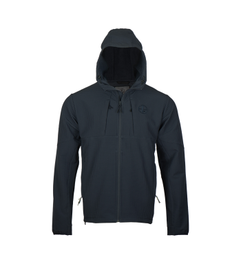 Front view of Frost Trail Softshell Jacket, holster with hood up, clothing in Navy color.