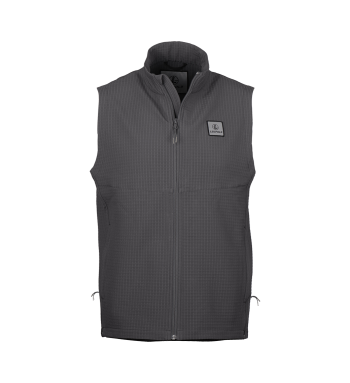Front view of Frost Trail Softshell Vest, holster clothing in Iron Gray color.