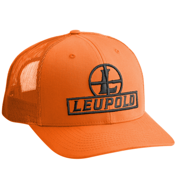 Blaze Orange Leupold Reticle Trucker hat, with black stitched Leupold logo. Great hat for hunting, and spending time in the outdoors. It has a pre-curved bill and adjustable one size fits all. 