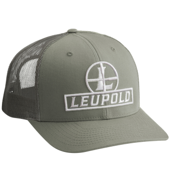 Front view of Reticle Trucker Hat in Loden Green color. Great hat for hunting, fishing, and spending time in the outdoors. It has a pre-curved bill and adjustable one size fits all. 