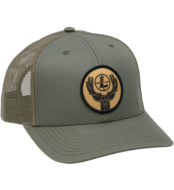 Loden green snap back trucker. Patch on front of hat has a buck deer and the leupold reticle is between the antlers. Patch has black border and gold inside. Adjustable one size fits all. 