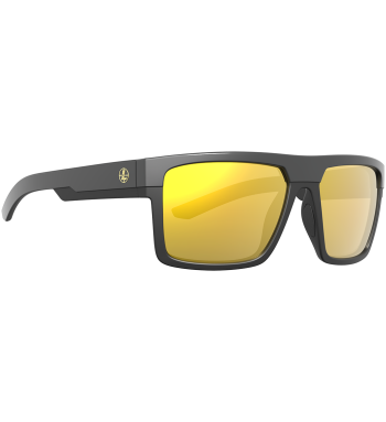 Profile of Becnara polarized prescription ready sunglasses for fishing, hunting and shooting in color Matte Black/Black with Orange Mirror lenses.