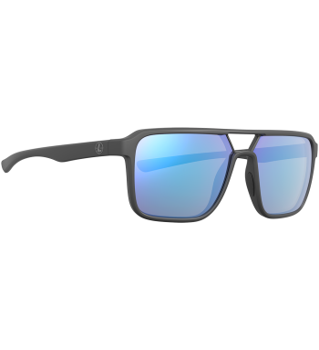 Profile of Bridger polarized prescription ready sunglasses for fishing, hunting and shooting in color dark gray with blue mirror lenses.