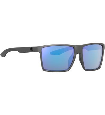 Profile of DeSoto polarized prescription ready sunglasses for fishing, hunting and shooting in color Dark Gray with Blue Mirror lenses.