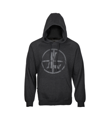 Hood up view of the Dark Charcoal Hoodie, with Leupold Distressed Reticle logo. 
