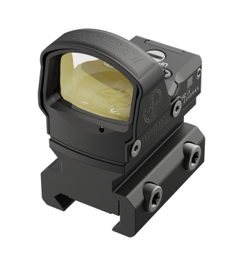 Profile view of Delta Point Pro 2.5 MOA tactical red dot sight for mounting on an AR, shotgun, or pistol, in color black with AR mount included. 