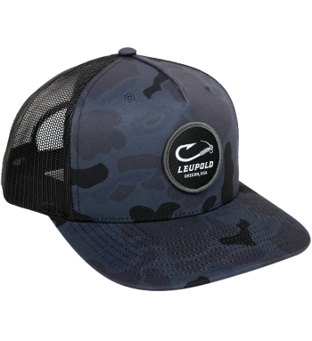 Snapback Trucker hat with dark blue camo colorway. Patch on front with fishing hook and Leupold logo. Great hat for fishing, hunting, and spending time in the outdoors. It has a pre-curved bill and adjustable one size fits all. 