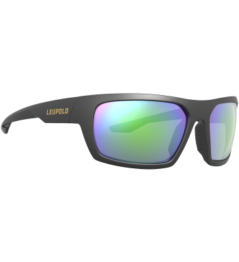 Profile of Packout polarized prescription ready sunglasses for fishing, hunting and shooting in color Matte Black with Emerald Mirror lenses.