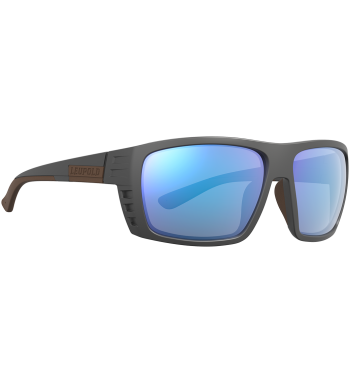 Profile of Payload polarized prescription ready sunglasses for fishing, hunting and shooting in color Dark Gray with Blue Mirror lenses.