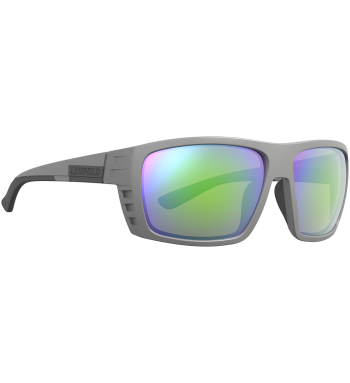 Profile of Payload polarized prescription ready sunglasses for fishing, hunting and shooting in color Matte Gray with Emerald Mirror lenses.