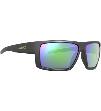 Profile of Switchback polarized prescription ready sunglasses for fishing, hunting and shooting in color Matte Black with Emerald Mirror lenses.