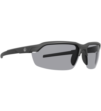 Profile of Tracer polarized prescription ready sunglasses for fishing, hunting and shooting in color matte black with shadow gray lenses.