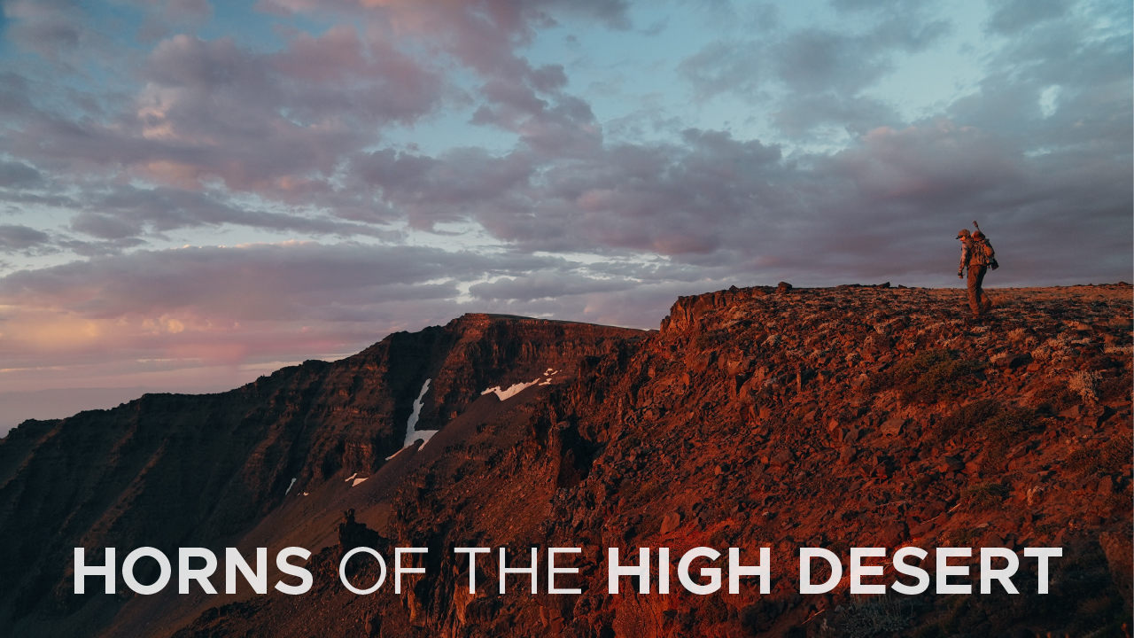 male hunter walks over a hill during sunset while hunting a sheep in the remote wilderness of Oregon’s Steens Mountain