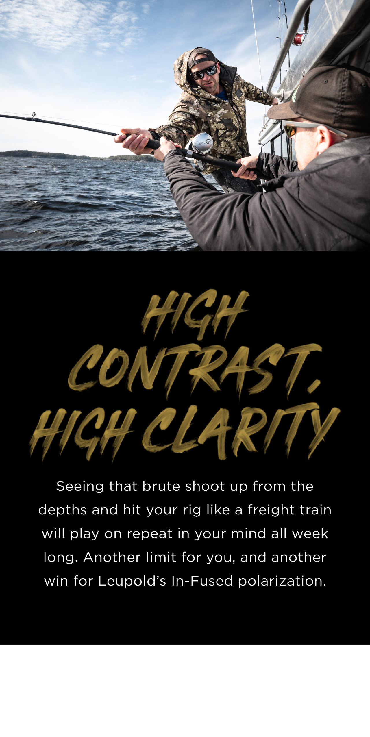 H1 "High Contrast, High Clarity" Two people on a boat using a fishing pole together deep-sea fishing.