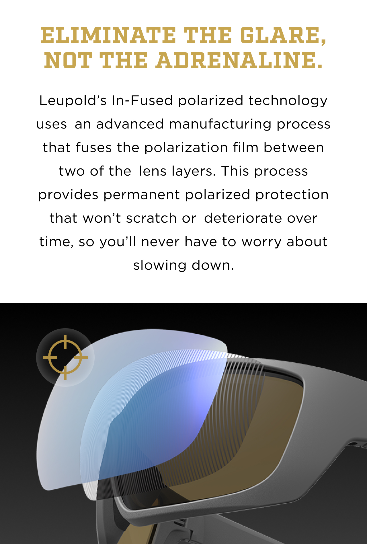 H1 "Eliminate the Glare, Not the Adrenaline". A close dissection of in-fused polarized lens and lightweight frame of Leupold's Performance Eyewear
