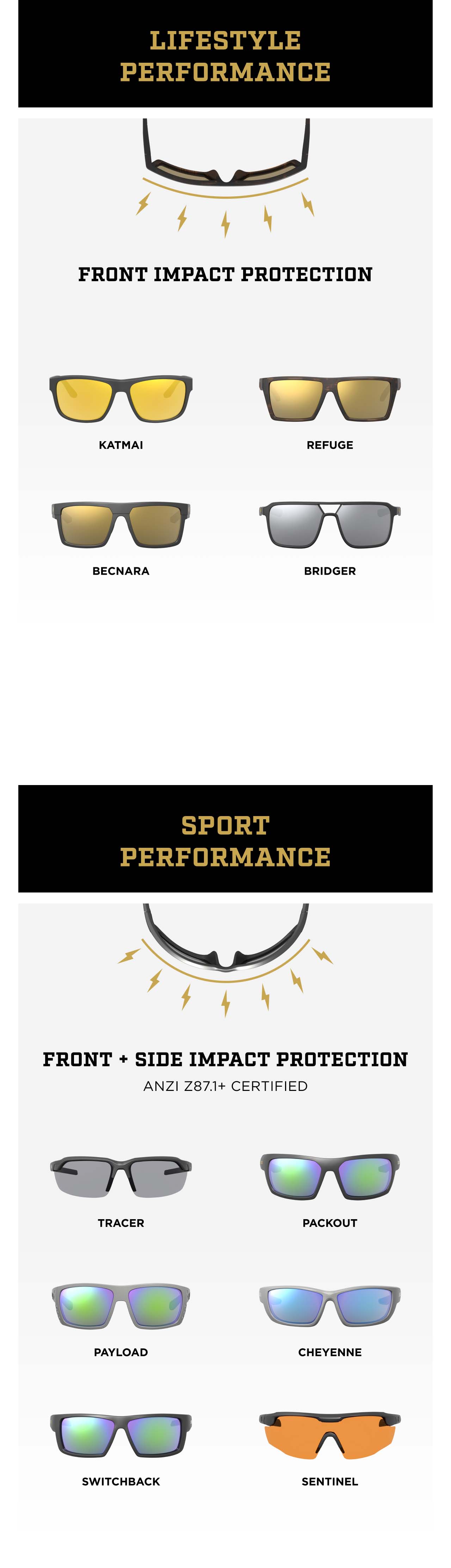 A visual representation of what performance group each eyewear frame belongs to. Lifestyle or Sport Performance.