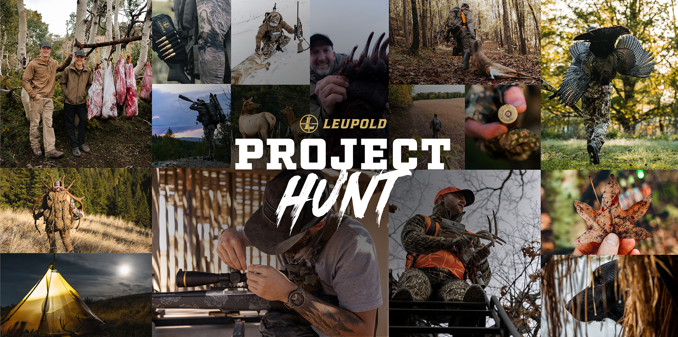 collage of hunters in the forest with different game animals