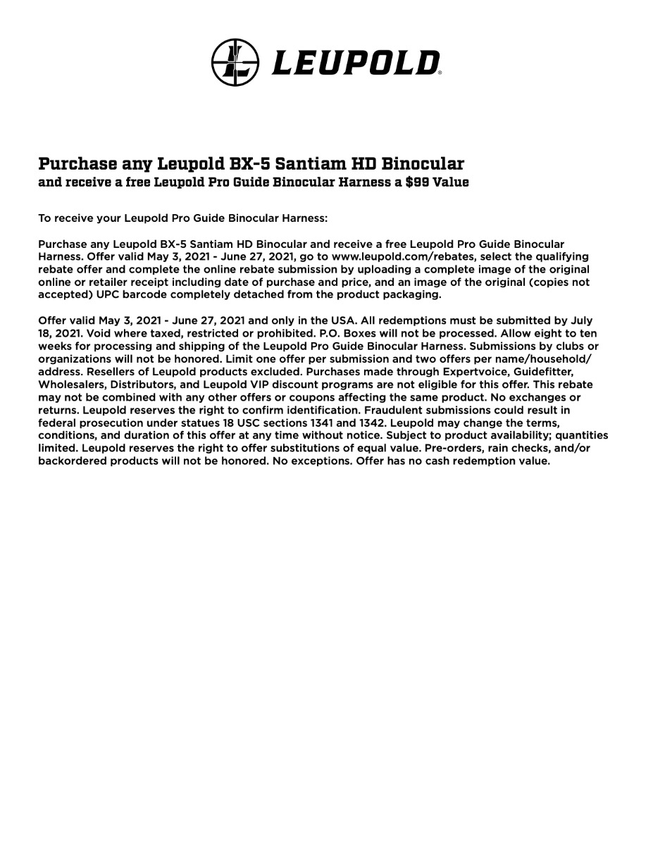 BX 5 Santiam HD Binocular Harness Rebate Leupold